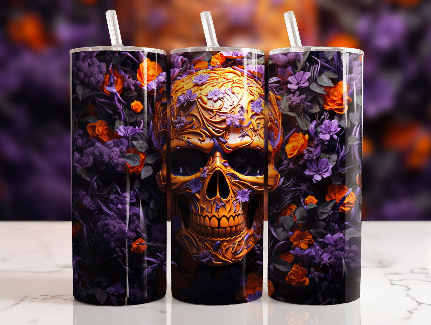 Skull and Purple Flowers Sublimation 20 oz Tumbler