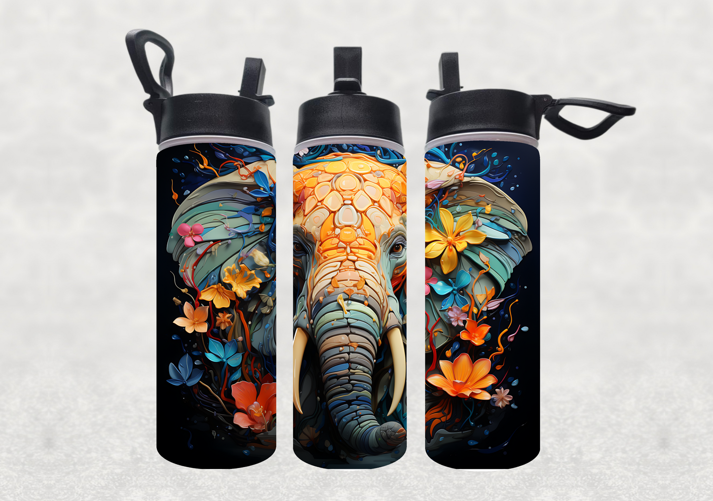 Elephant with Drippy Flowers Sublimation 22oz Water Bottle