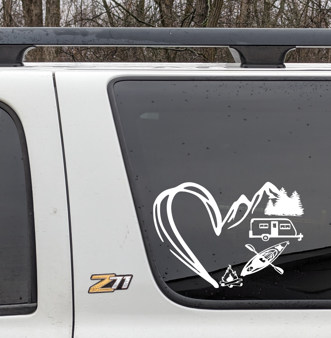 Heart, Pull Behind camper, Fire Vinyl Decal 8 inch