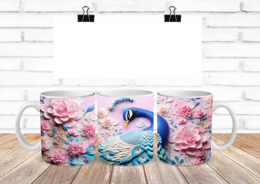 Peacock with Pink Flowers 110z Ceramic Coffee Mug