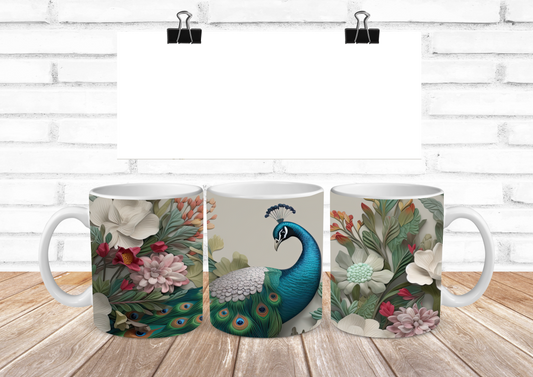 Peacock with White Flowers 11oz Ceramic Coffee Mug