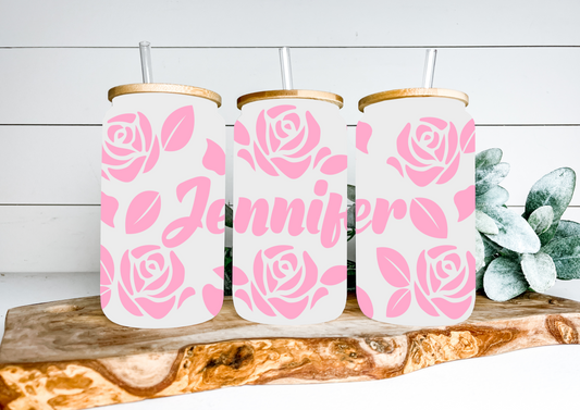 Glass Libbey Can with Roses Cold Activated Pink/Dark Pink Personalized