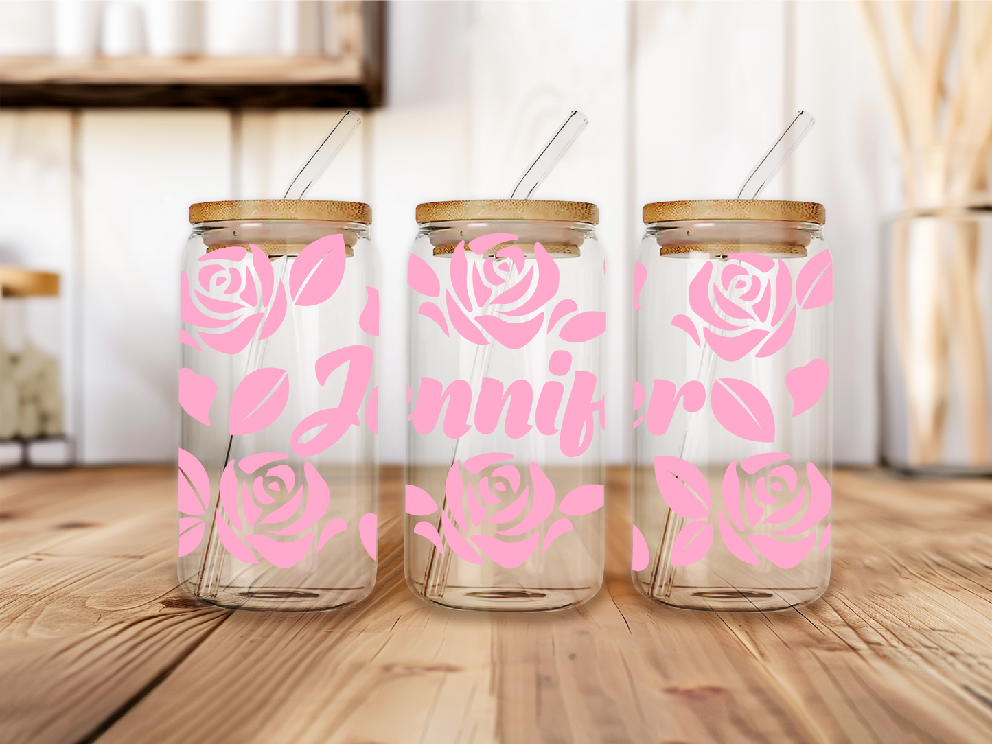 Glass Libbey Can with Roses Cold Activated Pink/Dark Pink Personalized